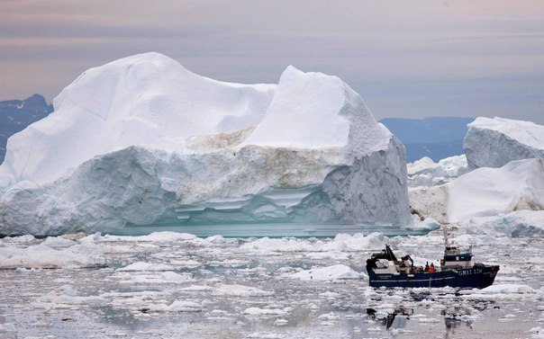 Рыбацкая лодка в окружении айсбергов недалеко от Илулиссата.