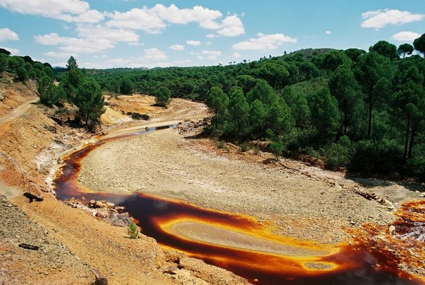 Река Рио-Тинто имеет буро-красный окрас воды. Горы Андалусии являются источником для реки, но далее воды Рио Тинто вбирают в себя ядовитые химические соединения.