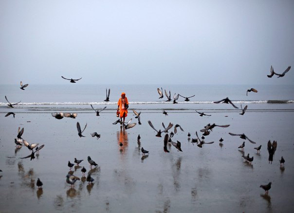 Индус идёт по берегу Аравийского моря в Мумбаи, Индия, 5 ноября 2012 года.