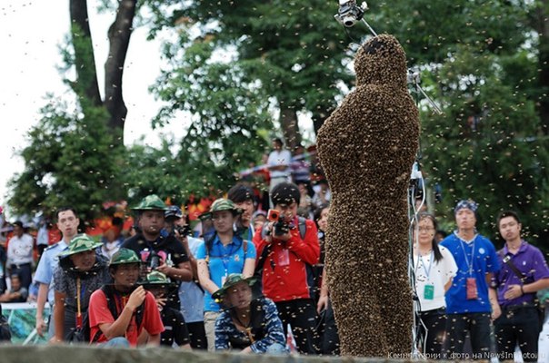 42-летний пчеловод из китайского города Шаоян, провинция Хунань, выиграл соревнование по сбору пчел на теле. Ван Далин привлек на свое тело 26,8 кг пчел за 60 минут — и это сделало его победителем.