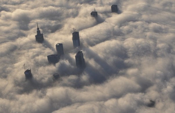 Макушки небоскребов виднеются в густом тумане в Варшаве, Польша.
