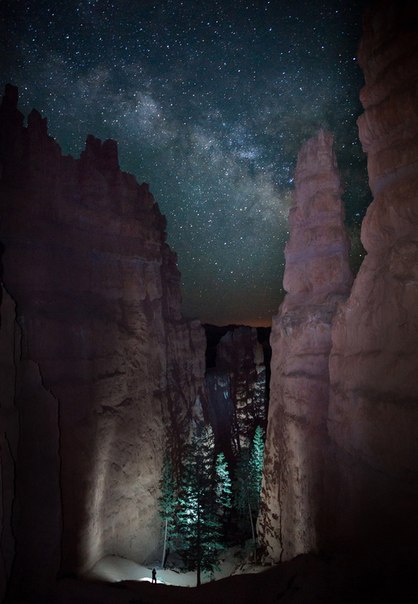 «Исследуя ночь». Одинокий турист прямо под Млечным путем в Национальном парке Брайс Каньон.