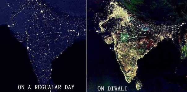 Индия в обычную ночь и ночь праздника Дивали (главный индуистский праздник).