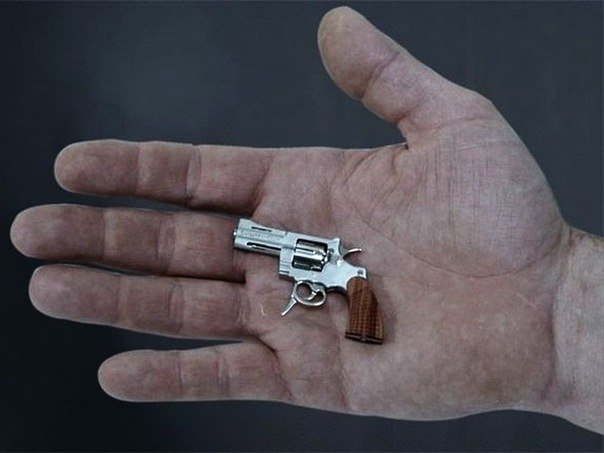 Швейцарские умельцы создали самый маленький действующий револьвер в мире. Его длина 5,5 см, вес - 19,8 г, калибр - 2.34 мм, вес пули - 0.128 г. Начальная скорость полета пули составляет 122 м/с, а дальность стрельбы - 150 м. Цена необычного револьвера равняется примерно 6700 долларов.