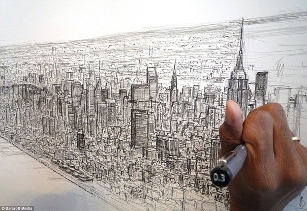 Страдающий аутизмом талантливый художник Стивен Вилтшер нарисовал 5-метровую панораму Нью-Йорка по памяти, после того, как в течении 20 минут изучал город с высоты птичьего полета