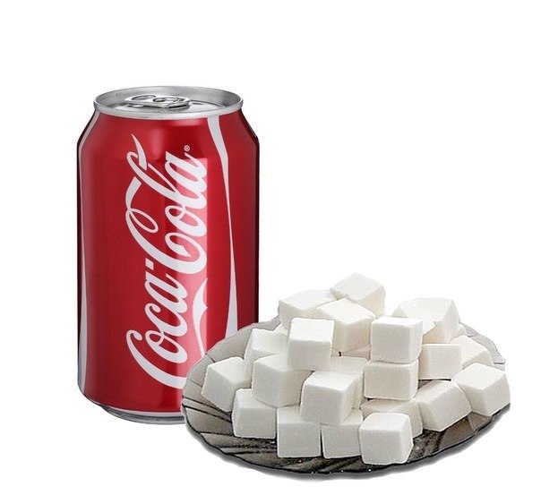 В стандартной баночке Кока-Колы (0,5 литра) содержится ровно 16 кубиков сахара или 7 полноценных чайных ложек.