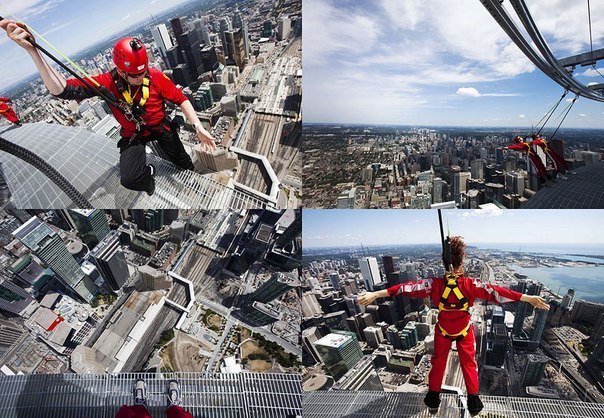 Экстремальный аттракцион EdgeWalk в Торонто — прогулка по парапету вокруг телебашни CN Tower на высоте 365 метров. Здесь нет ни барьеров, ни поручней, а единственной мерой предосторожности является страховочный пояс с тросом.