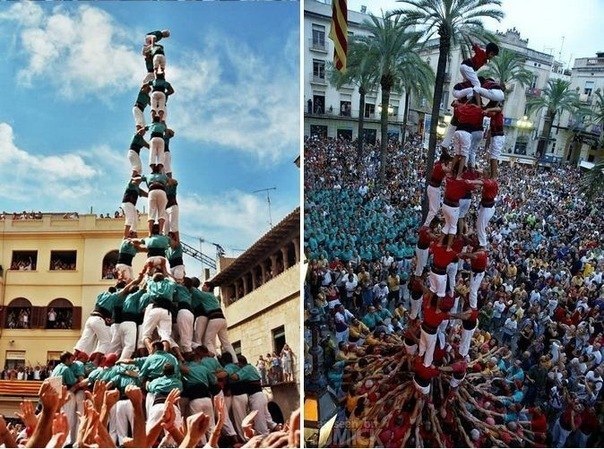 Традиционное ежегодное каталонское соревнование. Команды кастельеров соревнуются в построении наиболее высоких и сложных замков из людей. Башня символизирует единство и сплоченность каталонцев.