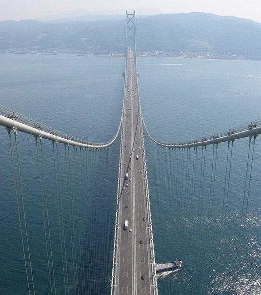 Самый длинный висячий мост (определяется по длине основного пролета) расположен в Японии. Он соединяет город Кобе (остров Хонсю) и город Авадзи (одноименный остров). Центральный пролет этого моста в длину составляет 1991 метр, что, собственно и является рекордом. Общая длина моста – 3911 метров.