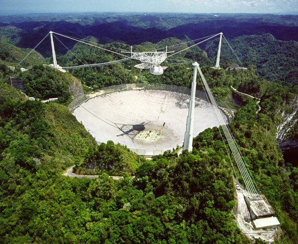 Самый большой телескоп на Земле находится в Обсерватории Аресибо в Пуэрто-Рико. Огромная тарелка была построена в 1963 году.