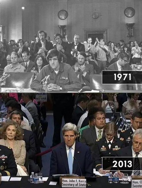 Время меняет людей. 1971 год, Джон Керри, протестует против войны /  2013 год,  Джон Керри, теперь уже Государственный секретарь США, просит поддержки для нанесения удара против Сирии.