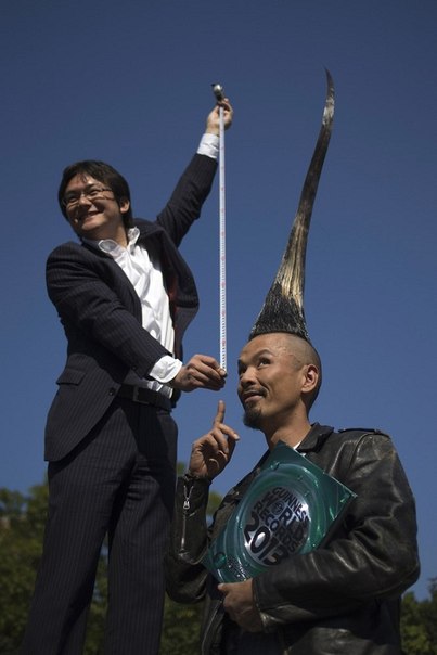 Тележурналист Такаши Янагисава измеряет самый большой ирокез в мире. Его владелец – японский дизайнер Кацухиро Ватанабе. Высота ирокеза – 1,1 метр.
