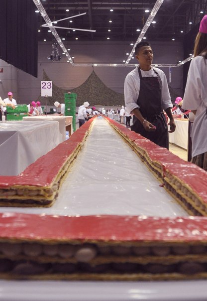 Прошлым воскресеньем, в Женеве был установлен новый мировой рекорд-торт Наполеон (по Швейцарскому рецепту) длинной в 1 километр 201 метр. Предыдущий "рекордсмен" был торт в длину 1 километр. 70% торта были заранее раскуплены компаниями и отелями и вся выручка пошла на помощь женщинам с раком груди.
