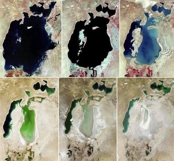 На фотографиях, сделанных в 1973, 1987, 1999, 2004, 2007 и 2009 годах, показано, как исчезает Аральское море между Казахстаном и Узбекистаном. Когда-то одно из самых больших озер на земле было уничтожено советскими проектами по орошению.