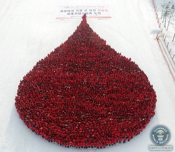 Более 3000 студентов в Южной Корее выстроились в форме капли крови для рекламной кампании по популяризации донорства от Красного Креста.