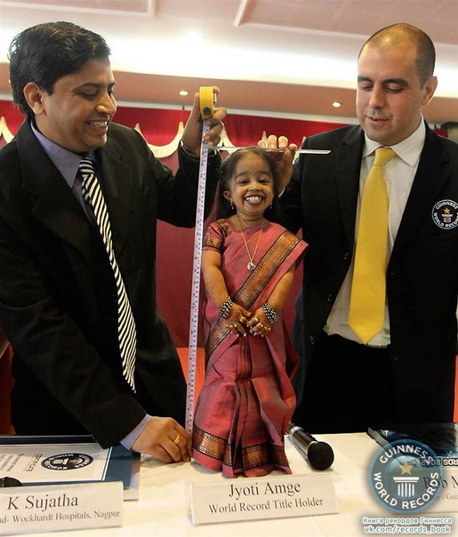 Самая маленькая женщина в мире. Эксперт Роб Моллой (справа) и врач К. Суджатха (слева) измеряют рост Джйоти Амге. При возрасте 18 лет ее рост на 16 декабря 2011 года составлял 62,7 см.