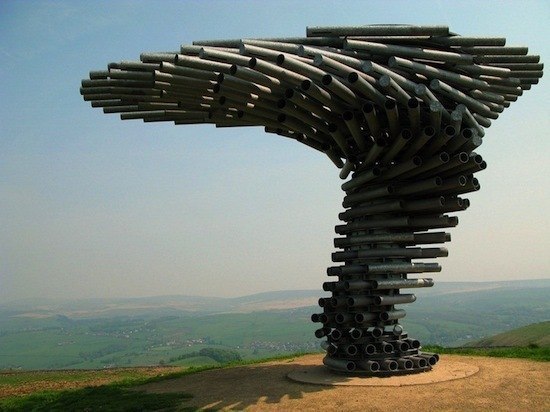 Высоко в горах недалеко от английского города Бернли, можно увидеть необычную конструкцию, сделанную из металлических труб. Это Поющее дерево, которое постоянно «поёт», когда дует ветер.
