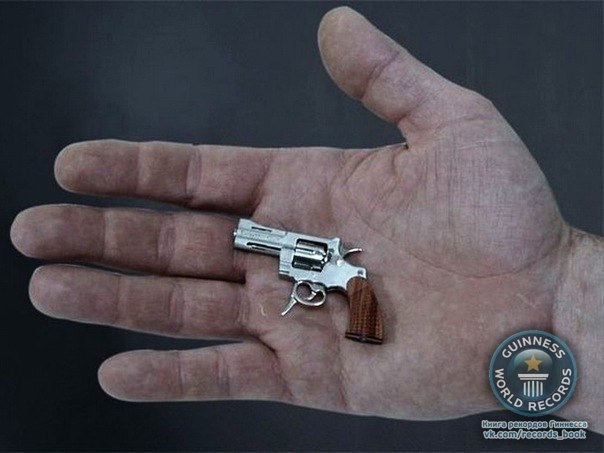 Швейцарские умельцы создали самый маленький действующий револьвер в мире. Его длина 5,5 см, вес - 19,8 г, калибр - 2.34 мм, вес пули - 0.128 г. Начальная скорость полета пули составляет 122 м/с, а дальность стрельбы - 150 м. Цена необычного револьвера равняется примерно 6700 долларов.