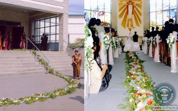 Самый большой свадебный букет невесты достигал в длину 60 метров и был сделан из 1500 цветов. Эта необычная свадьба состоялась 6 сентября 2003 г. в городе Миссиссога, Онтарио, Канада.