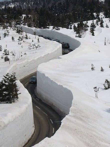 Вот так вот расчищают дороги в горах Японии. Высота снежных стен может доходить до 5-7 метров. И, заметьте, асфальт - идеально чистый!