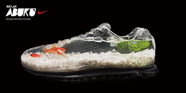 Проект Nike Air Abuku, который создан креативным агентством Wieden+Kenedy Tokyo Lab — совершенно уникальный. Это трансформация кроссовка Nike Air Max 360 в аквариум с настоящими золотыми рыбками.