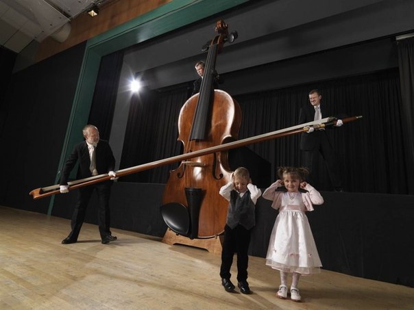 Музыкальный рекорд Гиннеса. В Германии создали скрипку, которая имеет 4,27 м в длину и 137,16 см в ширину, а к ней лук длинной 518,16 см – в семь раз больше обычного размера. Для игры на ней требуется 3 человека.