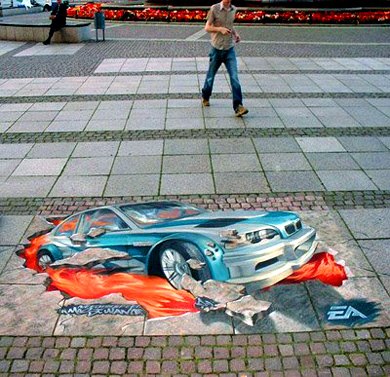 Один из самых известных художников иллюзорной графики - британский художник Джулиан Бивер. Он рисует мелом на тротуарах - росписи и удивительно реалистичные трёхмерные изображения. Оптический обман так убедителен, что люди сворачивают, чтобы избежать выбоин, которые он рисовал на тротуаре. 