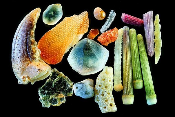 Фотография частиц песка, сделанная с помощью микроскопа. 