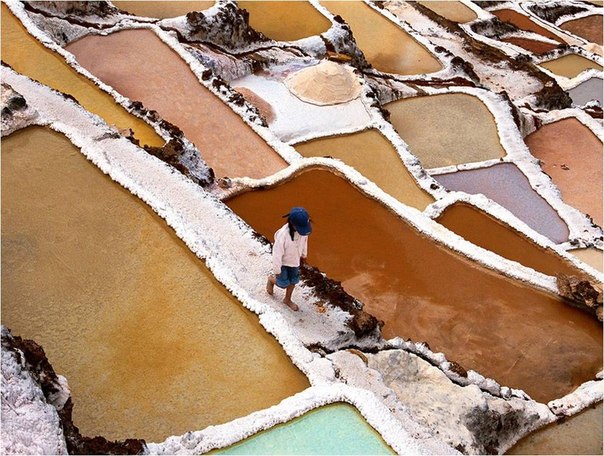 Жители Священной Долины Перу, около Куско, собирают соль после того, как испаряется соленая вода на склонах.