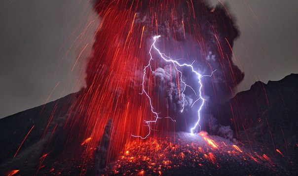Красочное извержение вулкана Сакурадзима в Японии.