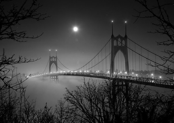 Полная луна над мостом Сент-Джонс в Портленде, штат Орегон, США. Фото: Fred An