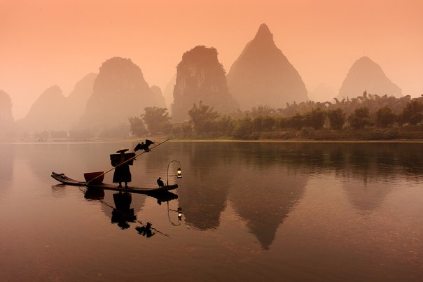 Рыбак с бакланами на реке Ли, Китай.