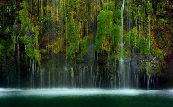 Mossbrae - уникальный водопад. Вода льется каскадом вниз по мшистым стенам каньона в Реку Сакраменто (самая длинная река Калифорнии), создавая рисунок кружева из потоков.