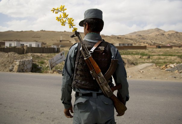 Офицер Афганской национальной полиции дежурит на контрольно-пропускном пункте в городе Майданшахр в провинции Вардак, Афганистан, 15 мая 2013 года.