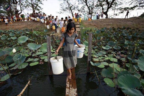 Люди набирают воду в озере Yazarthingyan недалеко от Янгона, Мьянма.