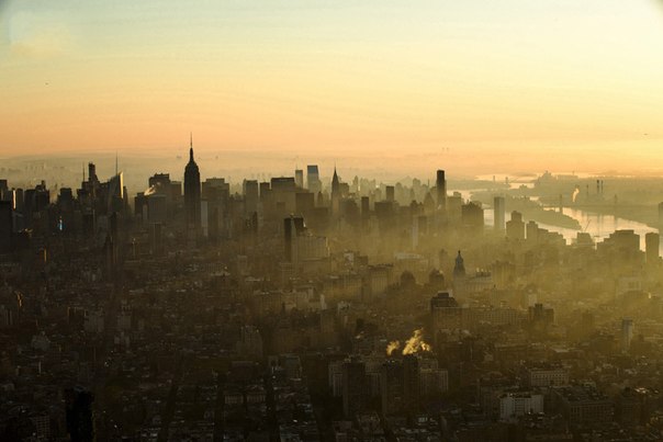 Вид окутанного туманом Нью-Йорка со здания Всемирного торгового центра