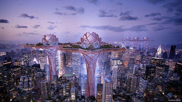 Футуристический город будущего в форме лотоса в небе
